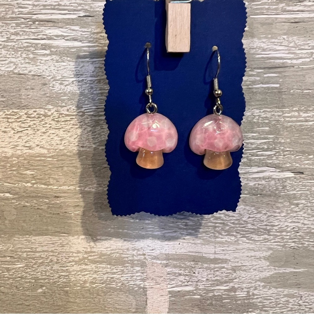 New Pink Resin Mushroom Hanging Earrings - Picture 2 of 5